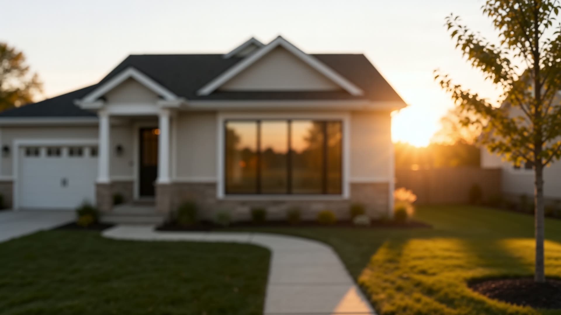 A newly built Present Day Contracting home glowing at golden hour